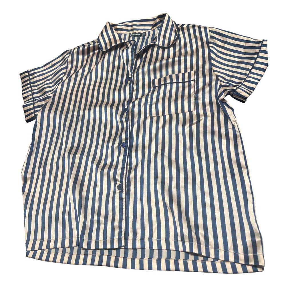 PrettyLittleThing Navy Satin Pinstripe Short‎ Sleeve Pajama Top Button Down US 6 - Picture 1 of 4